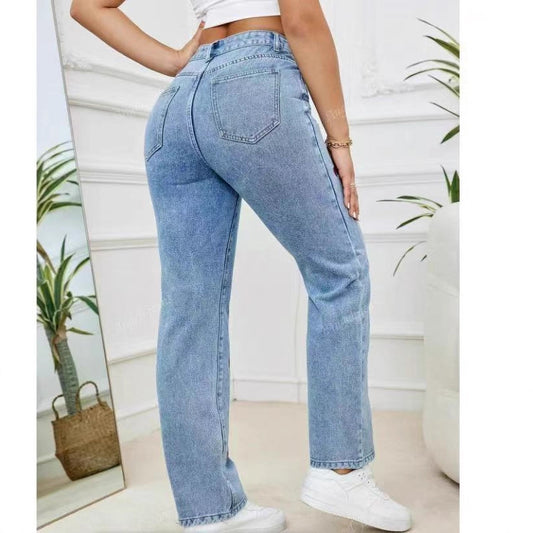 Affectionate Embroidered Straight-Leg Loose-Fit Stretch Womens Denim Trousers