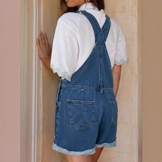 Adjustable-strap Rolled-hem Washed-blue Suspender Jeans